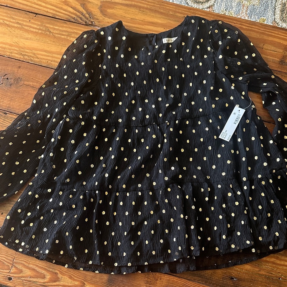 NWT Hayden Girls size 10 Black Blouse with Gold Dots